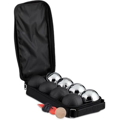 Relaxdays 8 Petanca-bollar, stål, Boccia-set, med bowling och mätrep, bärväska, svart och silver Relaxdays 8 Petanca-bollar, stål, Boccia-set, med bowling och mätrep, bärväska, svart och silver