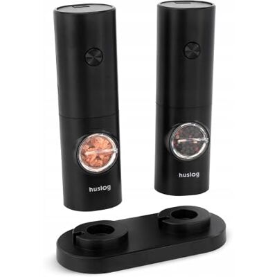 huslog Elektrisk salt- och pepparkvarn, set om 2, stativ, justerbar, batteridriven (svart) huslog Elektrisk salt- och pepparkvarn, set om 2, stativ, justerbar, batteridriven (svart)