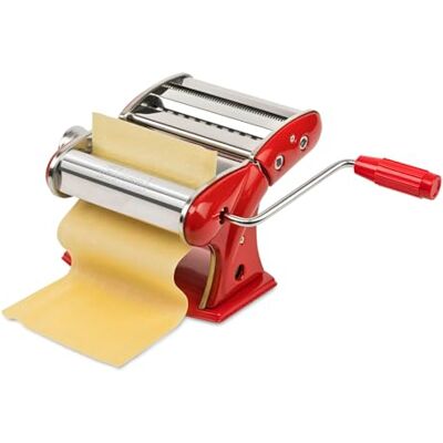Girmi IM92 Pastamaskin, rostfritt stål, 7 tjockleksnivåer, 3 storlekar pasta, aluminiumrullar, röd Girmi IM92 Pastamaskin, rostfritt stål, 7 tjockleksnivåer, 3 storlekar pasta, aluminiumrullar, röd