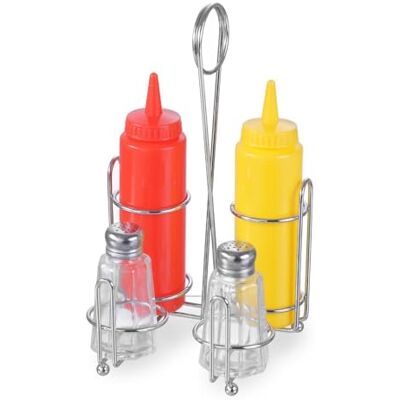 HENDI Menage Set, Två Glasrutor (60 Ml), 2 Termosflaskor Av Polyetylen, Kryddställ, Kryddflaskor: 0,35 L, Rostfritt Stål 18/0, Silver HENDI Menage Set, Två Glasrutor (60 Ml), 2 Termosflaskor Av Polyetylen, Kryddställ, Kryddflaskor: 0,35 L, Rostfritt Stål 18/0, Silver