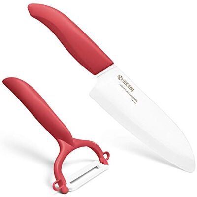 Kyocera Blisterset med skalare och Santoku-kniv, vit/röd Kyocera Blisterset med skalare och Santoku-kniv, vit/röd