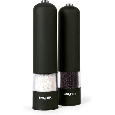 Salter 7524 BKXRUP elektrisk saltkvarn/pepparkvarn-set – enhandsdrift, keramisk mekanism, justerbar malm, fin till grov, BPA-fri, upplyst bas, 60 g salt/30 g peppar, mattsvart Salter 7524 BKXRUP elektrisk saltkvarn/pepparkvarn-set – enhandsdrift, keramisk mekanism, justerbar malm, fin till grov, BPA-fri, upplyst bas, 60 g salt/30 g peppar, mattsvart