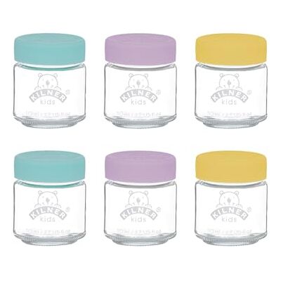 Kilner Babyburkar med silikonlock, behållare för frysning eller uppvärmning av barnmat, frys- och mikrovågsugnssäker, förvaringsburkar glas med lock för självfyllning, 6 × 190 ml Kilner Babyburkar med silikonlock, behållare för frysning eller uppvärmning av barnmat, frys- och mikrovågsugnssäker, förvaringsburkar glas med lock för självfyllning, 6 × 190 ml