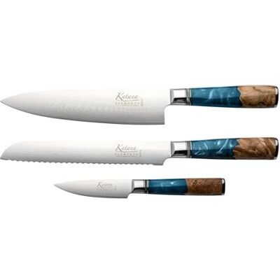 Katana Saya Elements 3-delat knivset, havsblå – Högkolhaltigt VG-10 Damaskusstål för extrem hårdhet och skärpa – Handtag i naturligt olivträ och harts Katana Saya Elements 3-delat knivset, havsblå – Högkolhaltigt VG-10 Damaskusstål för extrem hårdhet och skärpa – Handtag i naturligt olivträ och harts
