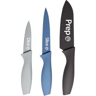 MasterChef Knivset, Köksknivset 3-Delar, Kockkniv, Universalkniv och Skalkniv i Rostfritt Stål, Non-Stick-Beläggning, Handtag med Soft Touch, Blå MasterChef Knivset, Köksknivset 3-Delar, Kockkniv, Universalkniv och Skalkniv i Rostfritt Stål, Non-Stick-Beläggning, Handtag med Soft Touch, Blå
