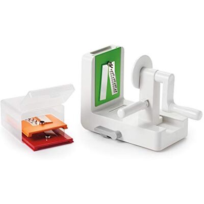 OXO Good Grips Bordsspiralizer Skapa snabbt enhetliga spiraler av frukt, grönsaker för curly fries, Den avtagbara bladlådan håller dem rena OXO Good Grips Bordsspiralizer Skapa snabbt enhetliga spiraler av frukt, grönsaker för curly fries, Den avtagbara bladlådan håller dem rena