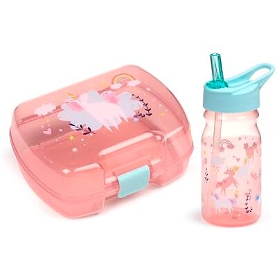 Puckator Rosa mellanmålslåda för flickor (Lunchlåda för mat och flaska med sugrör) Magi med enhörning och regnbåge, BPA-fri Puckator Rosa mellanmålslåda för flickor (Lunchlåda för mat och flaska med sugrör) Magi med enhörning och regnbåge, BPA-fri