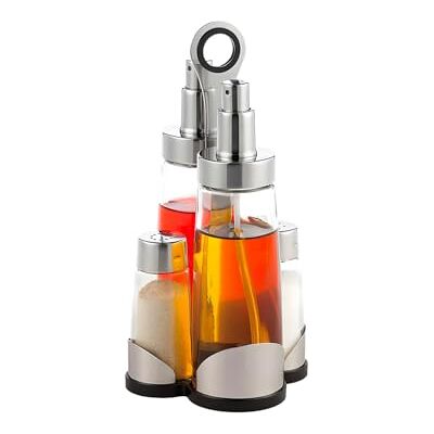 Wintem Glas- och stålbordsset i 5 delar 200/600 ml silver mått set 22 x 9,8 x 11 cm Inkluderar behållare för olja, vinäger, salt och peppar och ergonomiskt handtagsstativ Wintem Glas- och stålbordsset i 5 delar 200/600 ml silver mått set 22 x 9,8 x 11 cm Inkluderar behållare för olja, vinäger, salt och peppar och ergonomiskt handtagsstativ
