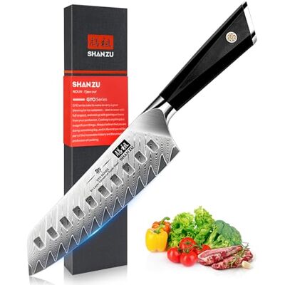 SHAN ZU Chef's Knife, Santoku Kitchen Knife 18Cm Professional Ultra Sharp Damask Stainless Steel Blades SHAN ZU Chef's Knife, Santoku Kitchen Knife 18Cm Professional Ultra Sharp Damask Stainless Steel Blades