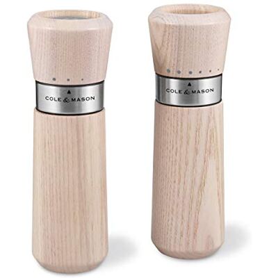Cole & Mason H331907 Lyndhurst salt och pepparkvarn, set om 2 manuell, nordisk vit, ask/rostfritt stål, 185 mm, gourmet Precision+, presentset Cole & Mason H331907 Lyndhurst salt och pepparkvarn, set om 2 manuell, nordisk vit, ask/rostfritt stål, 185 mm, gourmet Precision+, presentset