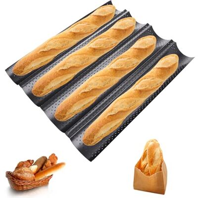 ASelected Baguette-bakplåt, baguetteplåt med non-stick-beläggning, baguette-bakform för 4 baguetter brödbakform, perforerad baguetteplåt, bröd med 4 tråg ASelected Baguette-bakplåt, baguetteplåt med non-stick-beläggning, baguette-bakform för 4 baguetter brödbakform, perforerad baguetteplåt, bröd med 4 tråg