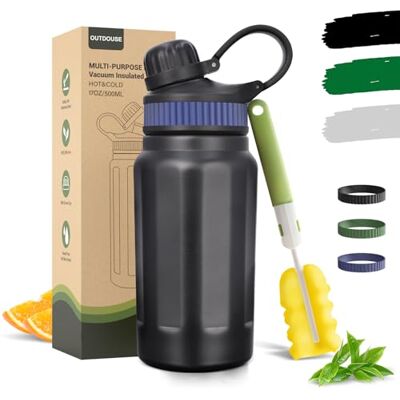 OUTDOUSE Termoskanna och kall dryckesflaska, vattenflaska i rostfritt stål, termo, läckagesäker termosflaska 500 ml, 800 ml med sugrör, 3 utbytbara silikonband, BPA-fri vattenflaska för resor (500 ml) OUTDOUSE Termoskanna och kall dryckesflaska, vattenflaska i rostfritt stål, termo, läckagesäker termosflaska 500 ml, 800 ml med sugrör, 3 utbytbara silikonband, BPA-fri vattenflaska för resor (500 ml)