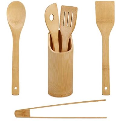 Relaxdays Köksredskap 6 delar. Set, matlagningssked, stekspade grilltång, köksredskap behållare, bambu, natur Relaxdays Köksredskap 6 delar. Set, matlagningssked, stekspade grilltång, köksredskap behållare, bambu, natur
