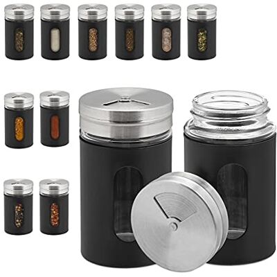 Relaxdays , set med 12, 3 shakerfunktioner, örter och kryddor, glasburkar, rostfritt stål, svart/silver, 8,5 x 5 x 5 cm Relaxdays , set med 12, 3 shakerfunktioner, örter och kryddor, glasburkar, rostfritt stål, svart/silver, 8,5 x 5 x 5 cm