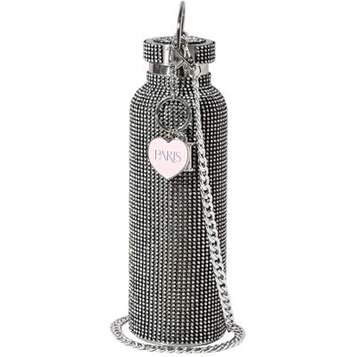 FACKELMANN Paris Hilton – svart glitterdrickflaska, 750 ml med rostfri kropp och strass – vattenflaska med metallhänge och avtagbar bärkedja, perfekt för resor FACKELMANN Paris Hilton – svart glitterdrickflaska, 750 ml med rostfri kropp och strass – vattenflaska med metallhänge och avtagbar bärkedja, perfekt för resor