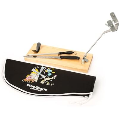 Steelblade Fällbar skinka + uxumusu skinka + Skinka Kniv + Chaira Skinkerhållare Tillverkad i Spanien Steelblade Fällbar skinka + uxumusu skinka + Skinka Kniv + Chaira Skinkerhållare Tillverkad i Spanien