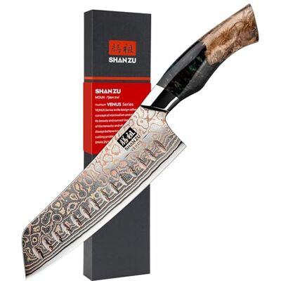 SHAN ZU Damascus Knife Santoku Knife Chef's Knife Hand Forged Japanese Knife, 33 Layers Damascus Steel & Cups Professional Damascus Sharp Kitchen Knives 18CM VENUS Series SHAN ZU Damascus Knife Santoku Knife Chef's Knife Hand Forged Japanese Knife, 33 Layers Damascus Steel & Cups Professional Damascus Sharp Kitchen Knives 18CM VENUS Series