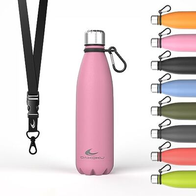 Daikoku Stainless Steel Bottle + Justerbar rem + karbinhake, BPA Free Double Walled Thermos, återanvändbar vattenflaska, lufttät lock, rosa färg, kapacitet 500 ML Daikoku Stainless Steel Bottle + Justerbar rem + karbinhake, BPA Free Double Walled Thermos, återanvändbar vattenflaska, lufttät lock, rosa färg, kapacitet 500 ML
