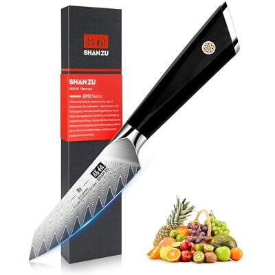 SHAN ZU Damascus Fruit Knife 3.7"(9.5cm), Japanese 10Cr15MoV Damascus Steel 67-Layer Professional Kitchen Knives, Paring Knife and Vegetable Knife with G10 Handle/Gift Box GYO Series SHAN ZU Damascus Fruit Knife 3.7"(9.5cm), Japanese 10Cr15MoV Damascus Steel 67-Layer Professional Kitchen Knives, Paring Knife and Vegetable Knife with G10 Handle/Gift Box GYO Series