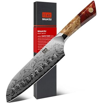 SHAN ZU Damaskus Santokukniv 18 cm med Japansk SG2-pulverstålkärna SHAN ZU Damaskus Santokukniv 18 cm med Japansk SG2-pulverstålkärna