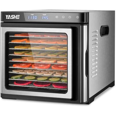 YASHE Rostfri Matavhydrator, 1000W Avhydrator med LED-display, Precis Temperaturjustering (35-75°C), 48 Timmars Timer, 9 Rostfria Brickor, 2 Masknät, 1 Fruktrollsbricka YASHE Rostfri Matavhydrator, 1000W Avhydrator med LED-display, Precis Temperaturjustering (35-75°C), 48 Timmars Timer, 9 Rostfria Brickor, 2 Masknät, 1 Fruktrollsbricka
