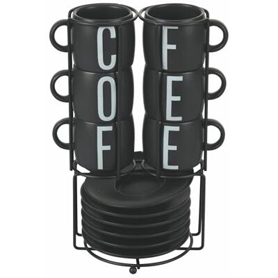 Tivoli Set med 6 kaffekoppar med tefat, stengods, ställ i rostfritt stål, 110 ml, Bigismore Tivoli Set med 6 kaffekoppar med tefat, stengods, ställ i rostfritt stål, 110 ml, Bigismore