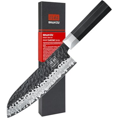 SHAN ZU Santoku Kockkniv 19 cm, Handsmidd 7-lagers, Professionell Japansk 9Cr18MoV Rostfritt Stål, Ultravass Kökskniv, G10 Glasfiberhandtag Takumi Series SHAN ZU Santoku Kockkniv 19 cm, Handsmidd 7-lagers, Professionell Japansk 9Cr18MoV Rostfritt Stål, Ultravass Kökskniv, G10 Glasfiberhandtag Takumi Series