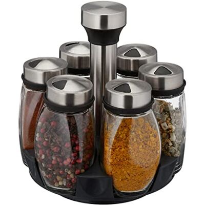 Relaxdays Kryddkarusell med 6 kryddburkar, med ströinsats, vridbart kryddställ, att bära, silver/transparent Relaxdays Kryddkarusell med 6 kryddburkar, med ströinsats, vridbart kryddställ, att bära, silver/transparent