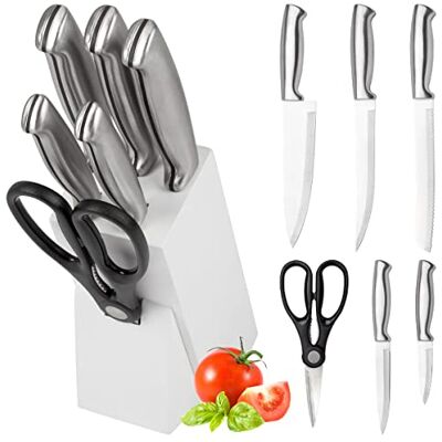 Classbach Knivblock – 7-delat knivset med kökssax, vassa knivar av rostfritt stål, sax för kök, C-MBS 4018, vit Classbach Knivblock – 7-delat knivset med kökssax, vassa knivar av rostfritt stål, sax för kök, C-MBS 4018, vit