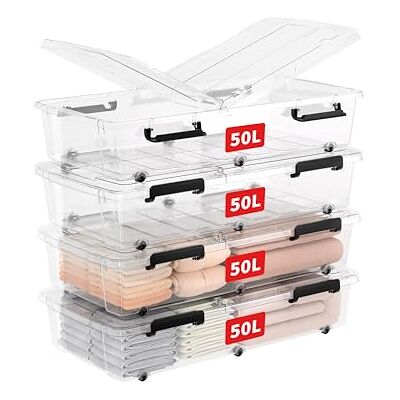 Cetomo 50 L x 4 förvaringslådor med hjul, förvaringsbehållare under sängen med dubbla öppningslock, hållbar platt organiseringslåda för sovrum, hem, BPA-fri, stapelbar, klar, 50 L-4-pack Cetomo 50 L x 4 förvaringslådor med hjul, förvaringsbehållare under sängen med dubbla öppningslock, hållbar platt organiseringslåda för sovrum, hem, BPA-fri, stapelbar, klar, 50 L-4-pack