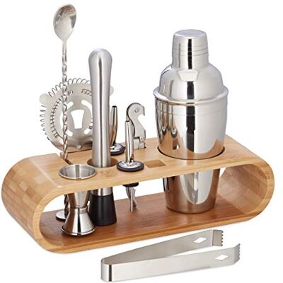 Relaxdays Bartender kit i 9 delar, shaker, mätkopp, muddler, istång, droppkorkar, hållare, bartillbehör, rostfritt Relaxdays Bartender kit i 9 delar, shaker, mätkopp, muddler, istång, droppkorkar, hållare, bartillbehör, rostfritt