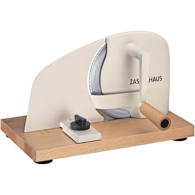 Zassenhaus PURE brödskärmaskin manuell vevmaskin med rostfri kniv, speciell tandad kant tillverkad i Solingen, steglös justering av skärtjocklek upp till 20 mm Zassenhaus PURE brödskärmaskin manuell vevmaskin med rostfri kniv, speciell tandad kant tillverkad i Solingen, steglös justering av skärtjocklek upp till 20 mm