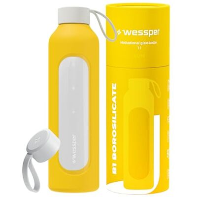 Wessper Termosflaska glas 1 l med tidsmarkeringar, BPA-fri drickmotivation, borosilikat, vattenflaska, lufttät glasflaska med bambulock, återanvändbar med silikonfodral – gul Wessper Termosflaska glas 1 l med tidsmarkeringar, BPA-fri drickmotivation, borosilikat, vattenflaska, lufttät glasflaska med bambulock, återanvändbar med silikonfodral – gul
