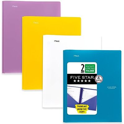 Five Star Fem stjärnor 2 fickmappar, 4-pack, plastmappar med spetsfästen, rymmer 28,9 cm x 8-1/2 cm, tidvattenblå, vit, ametist, lila, skörd gul (38136) Five Star Fem stjärnor 2 fickmappar, 4-pack, plastmappar med spetsfästen, rymmer 28,9 cm x 8-1/2 cm, tidvattenblå, vit, ametist, lila, skörd gul (38136)