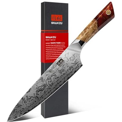 SHAN ZU Damaskus Kockkniv 20 cm med Japansk SG2-pulverstålkärna SHAN ZU Damaskus Kockkniv 20 cm med Japansk SG2-pulverstålkärna