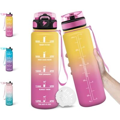 Motswedi Vattenflaska, 500 ml BPA-fri, barnflaska, läckagesäker låsdesign, motiverande flaska, med åskmärke, skolflaska, daglig användning gul och rosa Motswedi Vattenflaska, 500 ml BPA-fri, barnflaska, läckagesäker låsdesign, motiverande flaska, med åskmärke, skolflaska, daglig användning gul och rosa