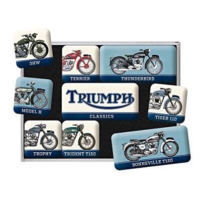 Kylskåpsmagneter i retrostil, Triumph – Model Chart – Presentidé för mc-åkare, Magnetset för magnettavlor, Deko vintagedesign, 9 stycken Kylskåpsmagneter i retrostil, Triumph – Model Chart – Presentidé för mc-åkare, Magnetset för magnettavlor, Deko vintagedesign, 9 stycken