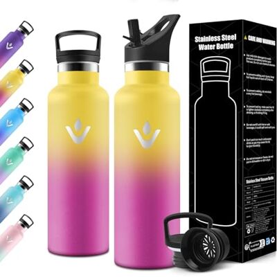 Motswedi Isolerad vattenflaska, 750 ml, med sugrör, isolerad flaska, återanvändbar, termos, läckagesäker, barnflaska, för skola, resor, camping, sport, gym, gul och rosa Motswedi Isolerad vattenflaska, 750 ml, med sugrör, isolerad flaska, återanvändbar, termos, läckagesäker, barnflaska, för skola, resor, camping, sport, gym, gul och rosa