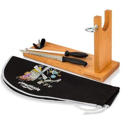 Steelblade Jamonero + uxumusu skinka + Jamonero kniv och Chaira Jamonero stativ tillverkat i Spanien Steelblade Jamonero + uxumusu skinka + Jamonero kniv och Chaira Jamonero stativ tillverkat i Spanien