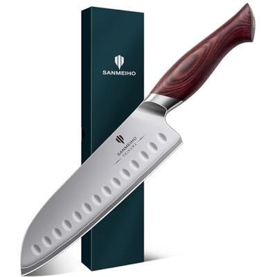 SANMEIHO Santokukniv 18 cm, Japanskt Högkolstål 10Cr15Mov Kökskniv Med 12° Ultravasst Blad och Ergonomiskt Pakkawood-Handtag SANMEIHO Santokukniv 18 cm, Japanskt Högkolstål 10Cr15Mov Kökskniv Med 12° Ultravasst Blad och Ergonomiskt Pakkawood-Handtag