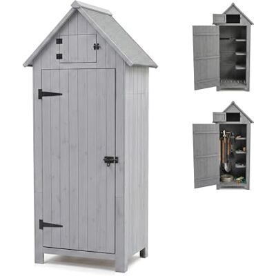 Relaxdays Trädgårdsskåp i granträ med robust asfalttak, 3 avtagbara hyllor, 179 x 77 x 53 cm, grå Relaxdays Trädgårdsskåp i granträ med robust asfalttak, 3 avtagbara hyllor, 179 x 77 x 53 cm, grå