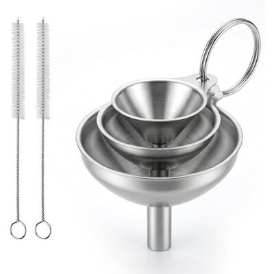 Carehabi 3 stycken tratt i rostfritt stål, mini kökstratt med 2 rengöringsborstar, liten kökstratt med handtag, rostfritt ståltratt för vätskor och pulver Carehabi 3 stycken tratt i rostfritt stål, mini kökstratt med 2 rengöringsborstar, liten kökstratt med handtag, rostfritt ståltratt för vätskor och pulver