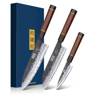 HOSHANHO Kökskniv set, 3 delar set med japanska knivar i stål med hög kolhalt, kockkniv Santoku-kniv skalkniv, ergonomiskt handtag i rosenträ HOSHANHO Kökskniv set, 3 delar set med japanska knivar i stål med hög kolhalt, kockkniv Santoku-kniv skalkniv, ergonomiskt handtag i rosenträ