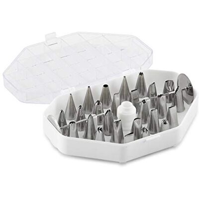 Thermohauser set små munstycken (rostfritt stål, PE), 29 delar, olika tyllar inklusive två blomnaglar och en adapter, i förvaringslåda Thermohauser set små munstycken (rostfritt stål, PE), 29 delar, olika tyllar inklusive två blomnaglar och en adapter, i förvaringslåda