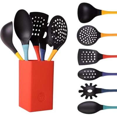 MasterChef Köksredskap med hållare, köksredskap, inklusive matlagningssked, bakredskap non-stick belagda, reptåliga och värmebeständiga köksredskap, diskmaskinssäkra, flerfärgade MasterChef Köksredskap med hållare, köksredskap, inklusive matlagningssked, bakredskap non-stick belagda, reptåliga och värmebeständiga köksredskap, diskmaskinssäkra, flerfärgade