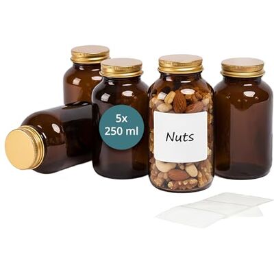 Relaxdays set med 5 bruna glasburkar med lock och etiketter, 250 ml, för örter, kryddor och medicin, brun/guld, 12 x 6 x 6 cm Relaxdays set med 5 bruna glasburkar med lock och etiketter, 250 ml, för örter, kryddor och medicin, brun/guld, 12 x 6 x 6 cm