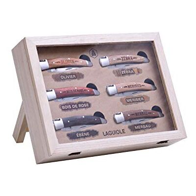 LAGUIOLE – Set 6 fällknivar, handtag av oliv, ros, ebenholts, zebror, körsbärs- och björkträ, blad av rostfritt stål, brun, 29 cm – glas – brun LAGUIOLE – Set 6 fällknivar, handtag av oliv, ros, ebenholts, zebror, körsbärs- och björkträ, blad av rostfritt stål, brun, 29 cm – glas – brun