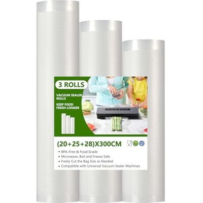 Diboniur Vakuumväska, 3 rullar 28 25 20 x 300 cm vakuumrulle, vakuumfryspåse för förvaring och matlagning, BPA-fri, kompatibel Diboniur Vakuumväska, 3 rullar 28 25 20 x 300 cm vakuumrulle, vakuumfryspåse för förvaring och matlagning, BPA-fri, kompatibel
