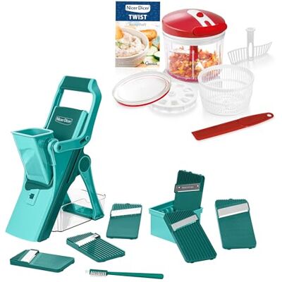 Genius Trevligare Dicer Mando inklusive Twist grönsaksskärare 21 st., grönsakshyvel manuellt stående med uppsamlingsbassäng 6 insatser lök potatis pommesskärare salladsslunga Genius Trevligare Dicer Mando inklusive Twist grönsaksskärare 21 st., grönsakshyvel manuellt stående med uppsamlingsbassäng 6 insatser lök potatis pommesskärare salladsslunga