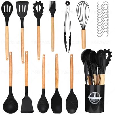 Cheerhom Köksredskap i 24 delar: Non-Stick värmebeständig silikon stekspade med trähandtag 12 S-krokar, svart Cheerhom Köksredskap i 24 delar: Non-Stick värmebeständig silikon stekspade med trähandtag 12 S-krokar, svart